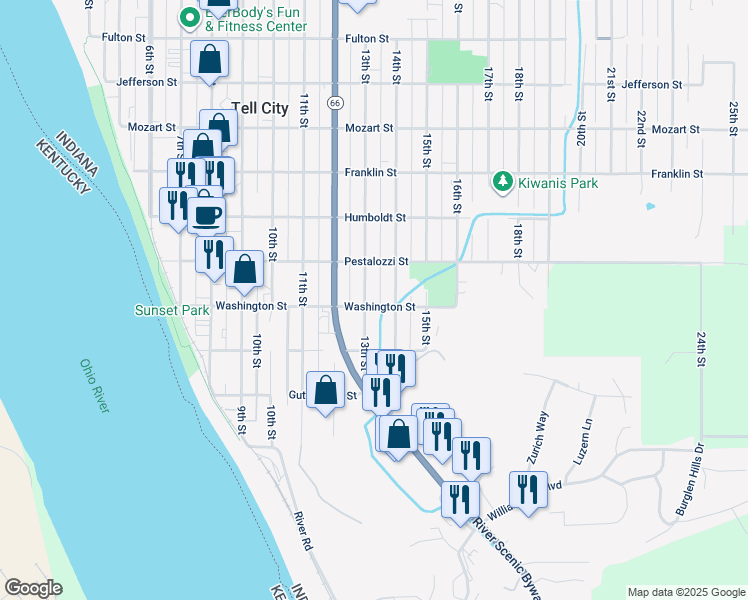 map of restaurants, bars, coffee shops, grocery stores, and more near 300-398 13th Street in Tell City