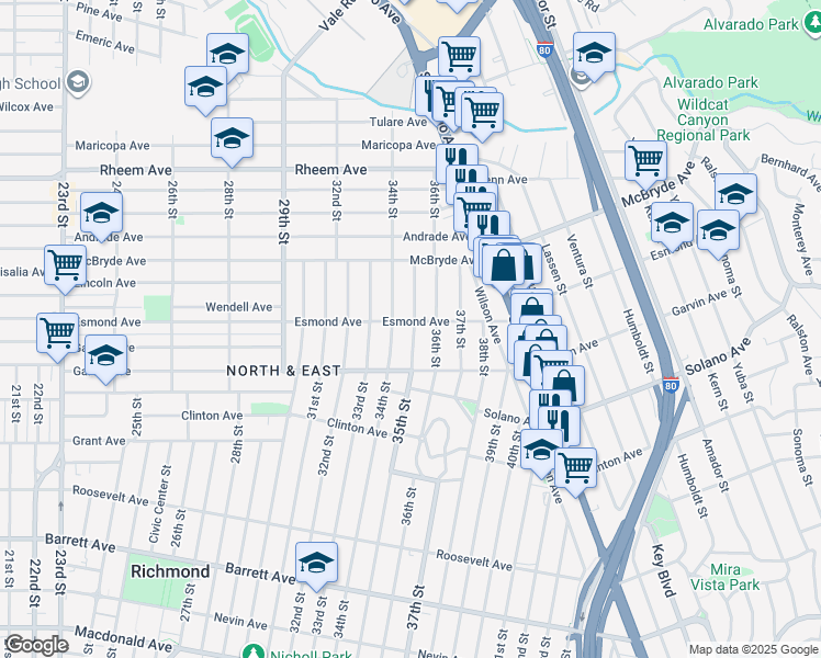 map of restaurants, bars, coffee shops, grocery stores, and more near 3428 Esmond Avenue in Richmond