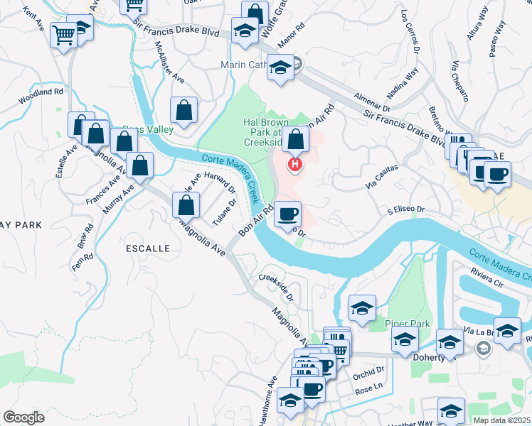 map of restaurants, bars, coffee shops, grocery stores, and more near 361 Bon Air Road in Kentfield