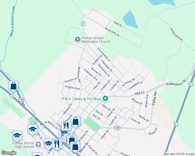 map of restaurants, bars, coffee shops, grocery stores, and more near 604 Bonnie Street in Potosi
