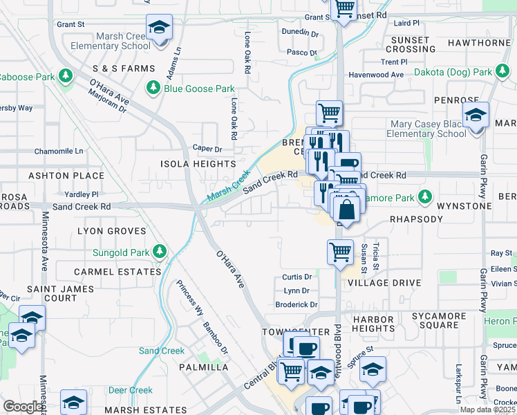 map of restaurants, bars, coffee shops, grocery stores, and more near 1347 Eisenhower Way in Brentwood