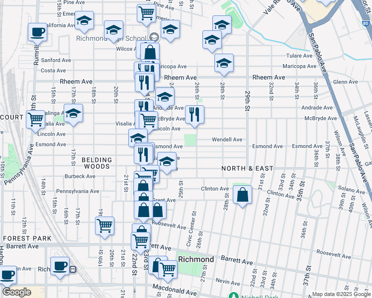 map of restaurants, bars, coffee shops, grocery stores, and more near 2510 Esmond Avenue in Richmond