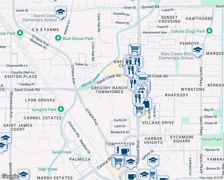 map of restaurants, bars, coffee shops, grocery stores, and more near 1290 Business Center Drive in Brentwood