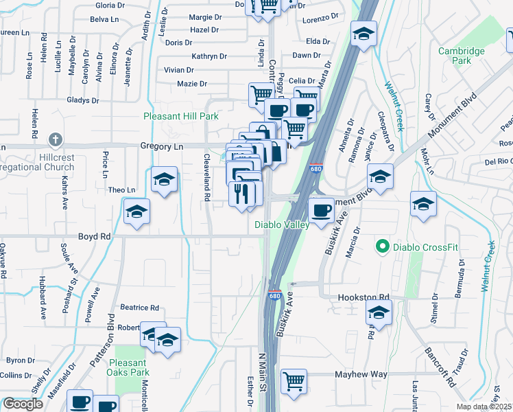 map of restaurants, bars, coffee shops, grocery stores, and more near 100 Crescent Drive in Pleasant Hill
