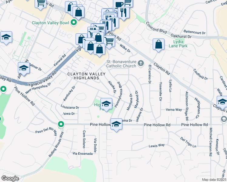 map of restaurants, bars, coffee shops, grocery stores, and more near 5522 Alaska Drive in Concord