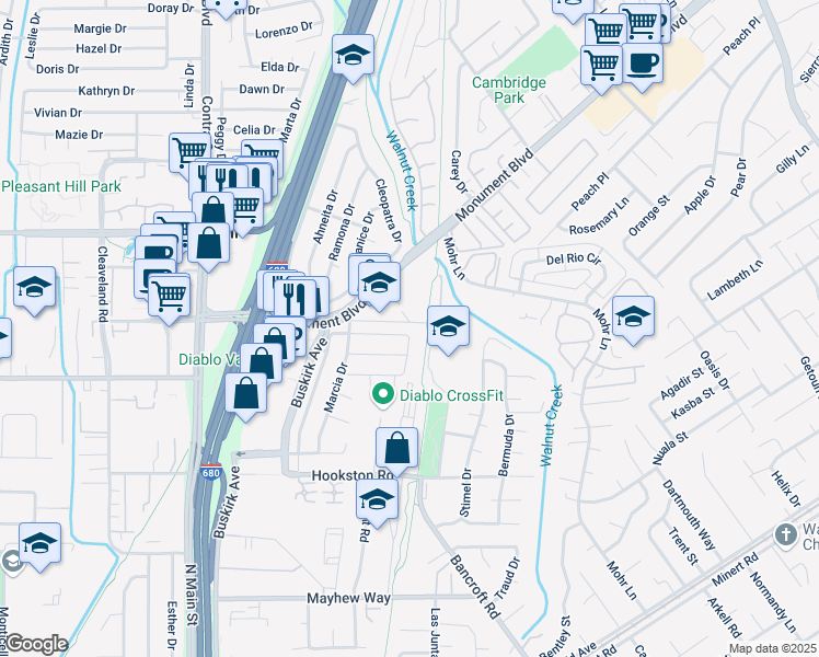 map of restaurants, bars, coffee shops, grocery stores, and more near 2387 Lisa Lane in Pleasant Hill