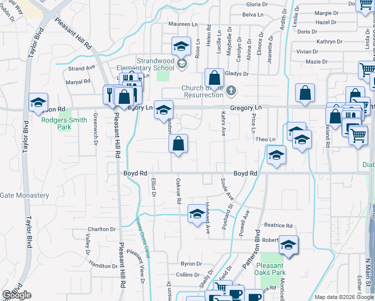 map of restaurants, bars, coffee shops, grocery stores, and more near 104 Hopeco Road in Pleasant Hill