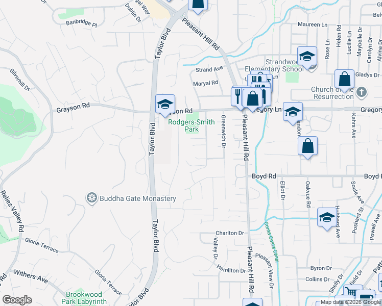 map of restaurants, bars, coffee shops, grocery stores, and more near 21 Cortsen Court in Pleasant Hill