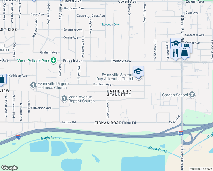 map of restaurants, bars, coffee shops, grocery stores, and more near 3800 Kathleen Avenue in Evansville