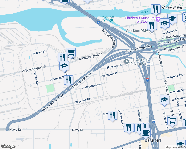 map of restaurants, bars, coffee shops, grocery stores, and more near 1337 Church Street in Stockton