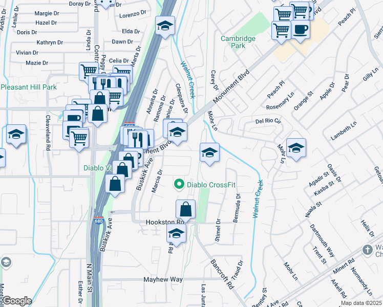 map of restaurants, bars, coffee shops, grocery stores, and more near 2387 Lisa Lane in Pleasant Hill