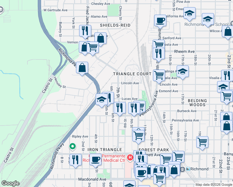 map of restaurants, bars, coffee shops, grocery stores, and more near 829 7th Street in Richmond