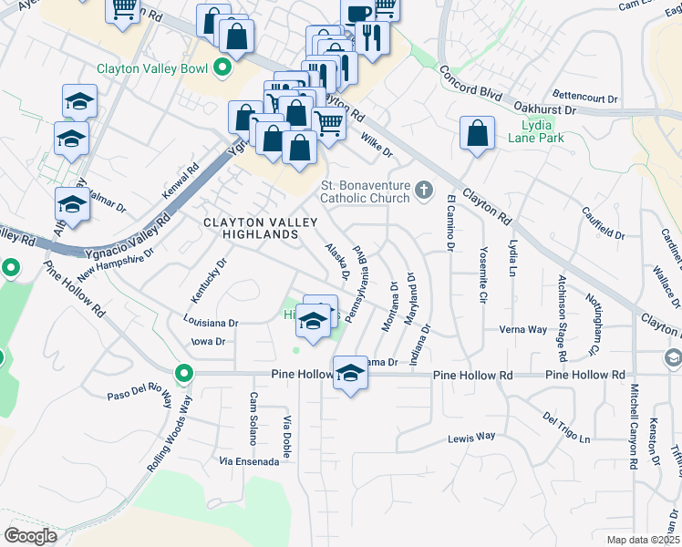 map of restaurants, bars, coffee shops, grocery stores, and more near 5522 Alaska Drive in Concord