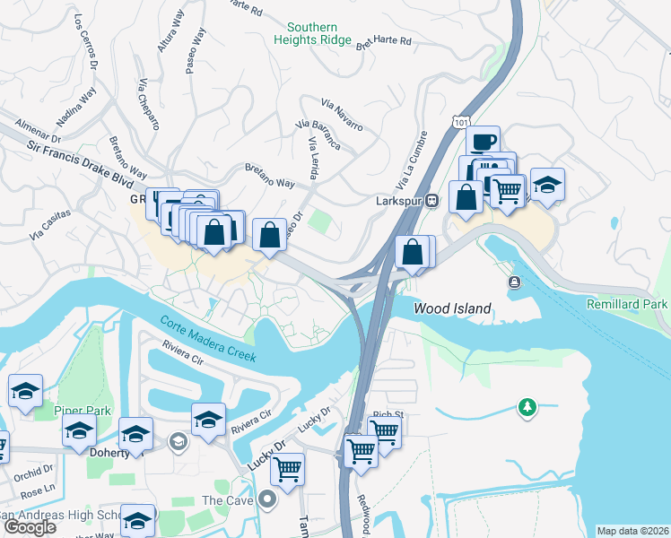 map of restaurants, bars, coffee shops, grocery stores, and more near 42 Vía La Cumbre in Larkspur