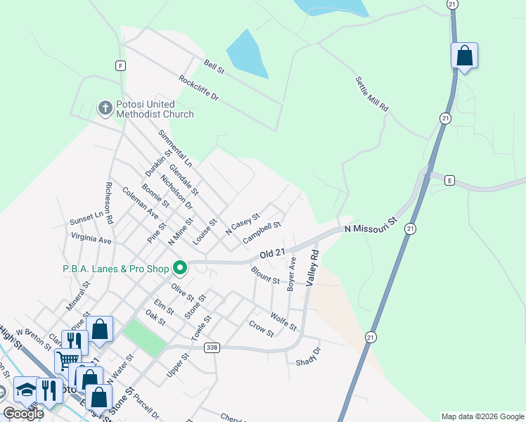 map of restaurants, bars, coffee shops, grocery stores, and more near 10015 Ryan Lane in Potosi