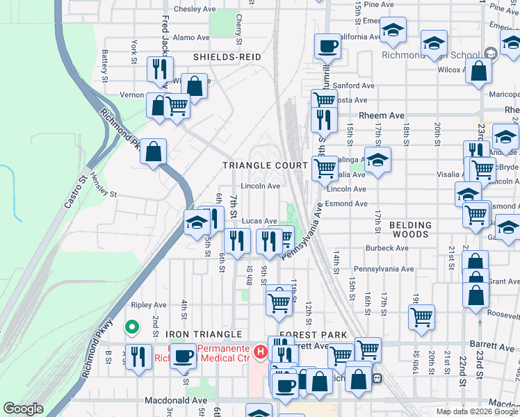 map of restaurants, bars, coffee shops, grocery stores, and more near 829 9th Street in Richmond
