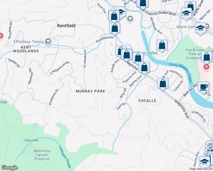 map of restaurants, bars, coffee shops, grocery stores, and more near 149 Hillcrest Avenue in Kentfield