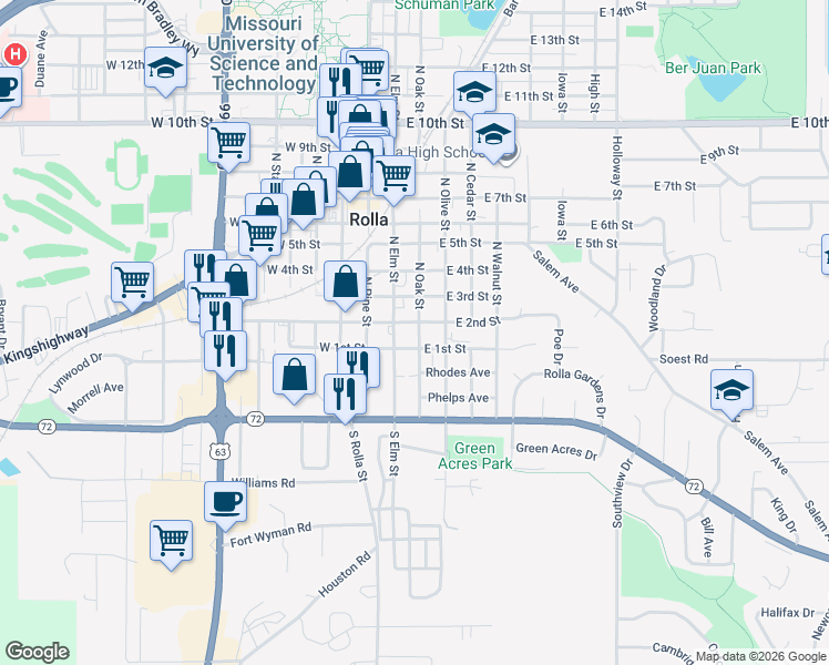 map of restaurants, bars, coffee shops, grocery stores, and more near 107 North Oak Street in Rolla