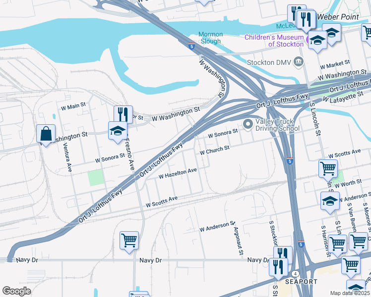 map of restaurants, bars, coffee shops, grocery stores, and more near 1337 Church Street in Stockton