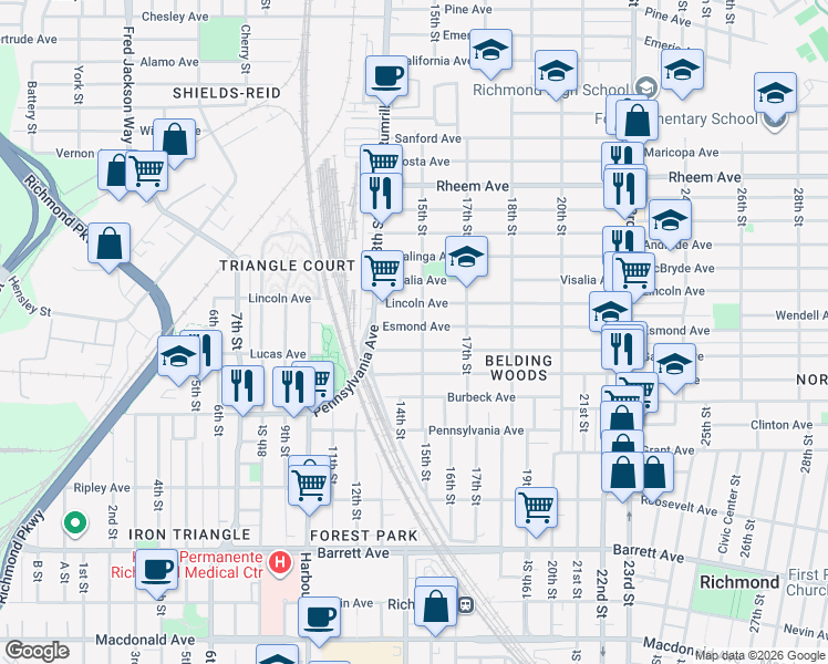 map of restaurants, bars, coffee shops, grocery stores, and more near 1418 Esmond Avenue in Richmond