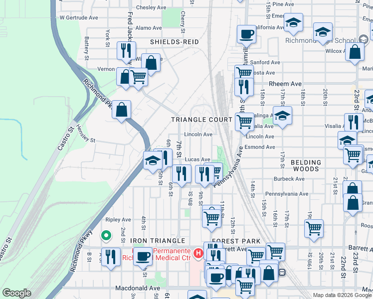 map of restaurants, bars, coffee shops, grocery stores, and more near 852 7th Street in Richmond