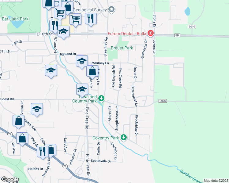 map of restaurants, bars, coffee shops, grocery stores, and more near 201 Old English Road in Rolla