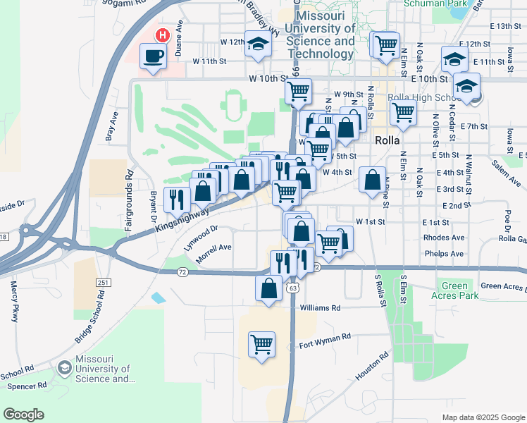 map of restaurants, bars, coffee shops, grocery stores, and more near 111 North Walker Avenue in Rolla