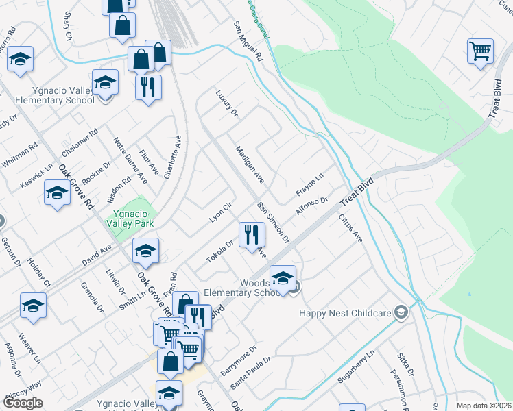 map of restaurants, bars, coffee shops, grocery stores, and more near 849 San Simeon Drive in Concord