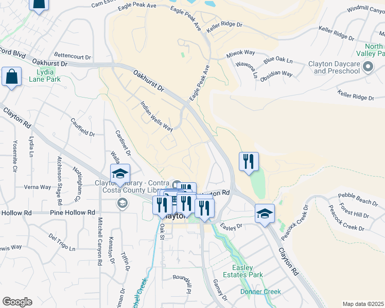 map of restaurants, bars, coffee shops, grocery stores, and more near 1407 Indianhead Way in Clayton