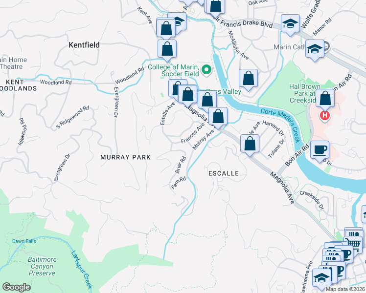 map of restaurants, bars, coffee shops, grocery stores, and more near 61 Frances Avenue in Larkspur