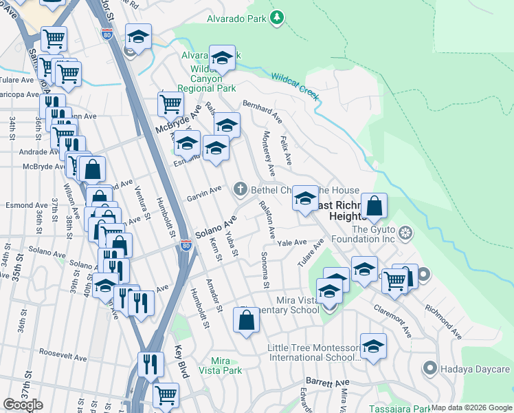 map of restaurants, bars, coffee shops, grocery stores, and more near 6110 Ralston Avenue in Richmond