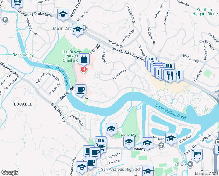 map of restaurants, bars, coffee shops, grocery stores, and more near 501 Vía Casitas in Larkspur