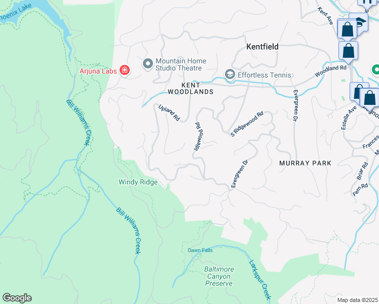map of restaurants, bars, coffee shops, grocery stores, and more near 80 Idlewood Road in Kentfield