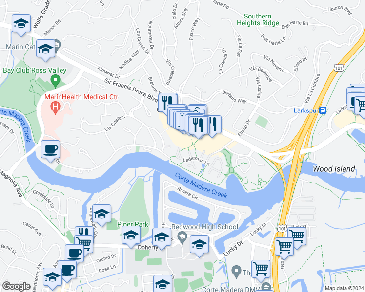 map of restaurants, bars, coffee shops, grocery stores, and more near 44 Laderman Lane in Larkspur