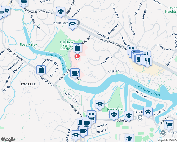 map of restaurants, bars, coffee shops, grocery stores, and more near 60 Corte Real in Kentfield