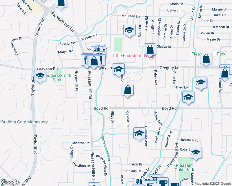 map of restaurants, bars, coffee shops, grocery stores, and more near 106 Starlyn Drive in Pleasant Hill