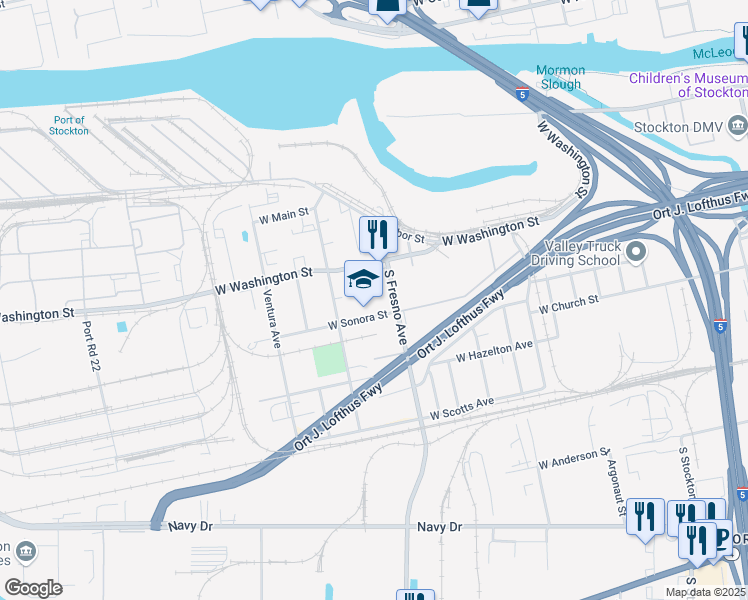 map of restaurants, bars, coffee shops, grocery stores, and more near 1735 West Sonora Street in Stockton