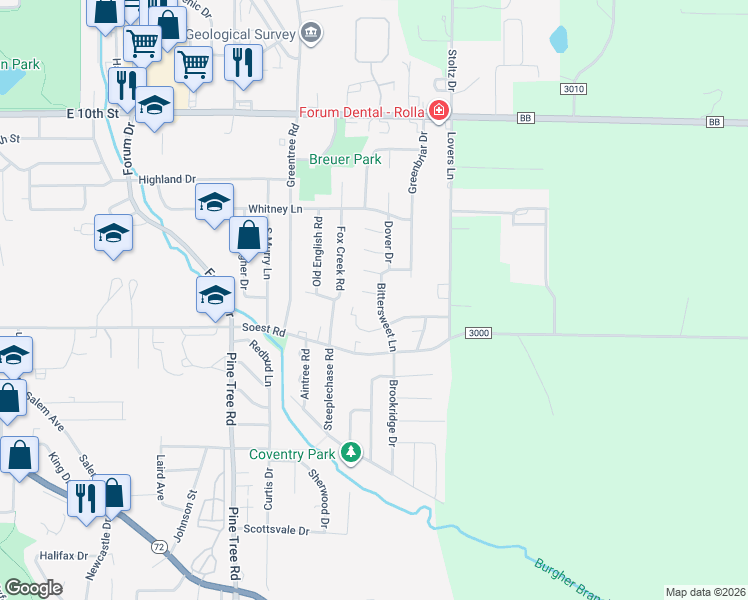 map of restaurants, bars, coffee shops, grocery stores, and more near 1606 Pilgrim Place in Rolla