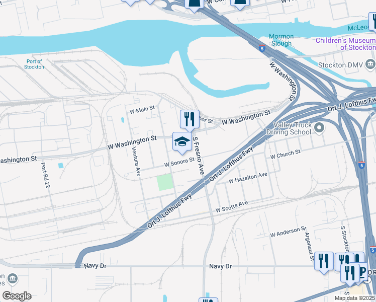 map of restaurants, bars, coffee shops, grocery stores, and more near 233 Visalia Court in Stockton