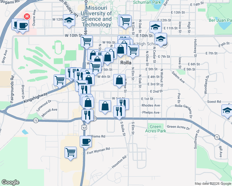map of restaurants, bars, coffee shops, grocery stores, and more near 303 West 2nd Street in Rolla