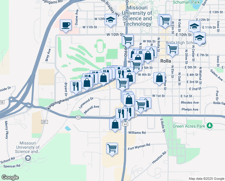 map of restaurants, bars, coffee shops, grocery stores, and more near 111 North Walker Avenue in Rolla