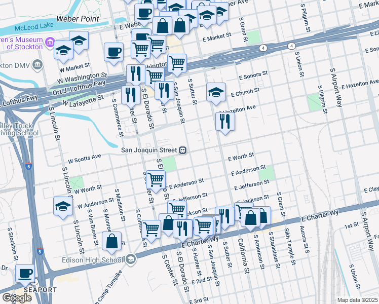map of restaurants, bars, coffee shops, grocery stores, and more near South San Joaquin Street in Stockton