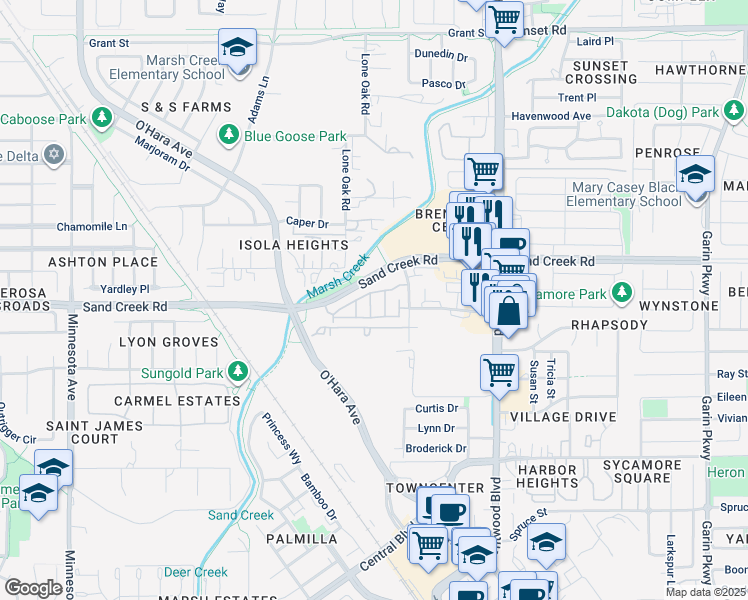 map of restaurants, bars, coffee shops, grocery stores, and more near 1374 Regan Way in Brentwood