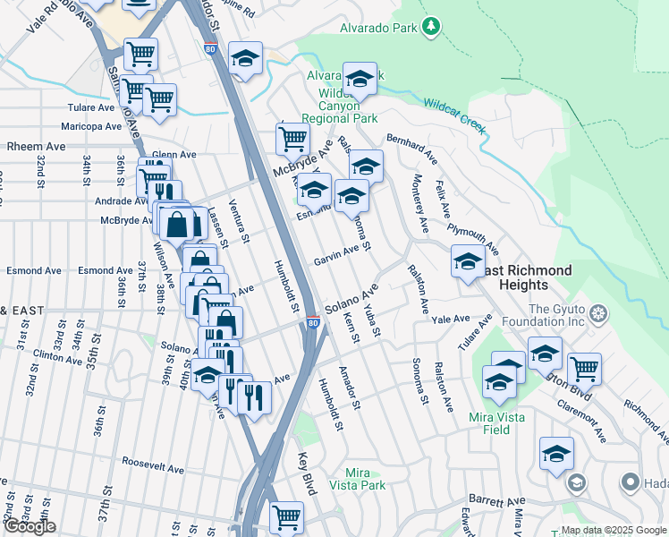 map of restaurants, bars, coffee shops, grocery stores, and more near 790 Kern Street in Richmond