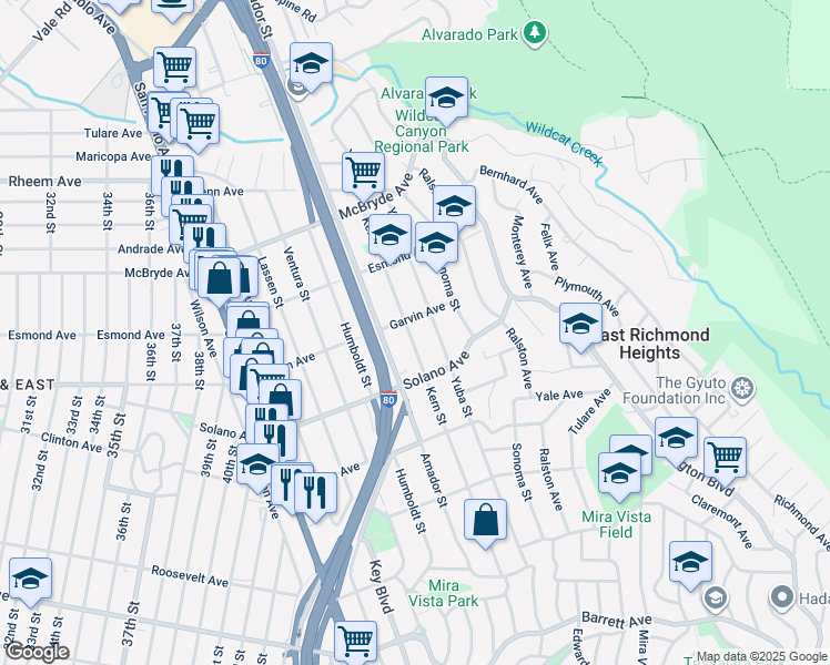 map of restaurants, bars, coffee shops, grocery stores, and more near 790 Kern Street in Richmond