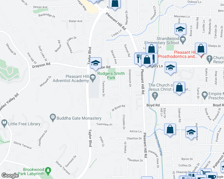 map of restaurants, bars, coffee shops, grocery stores, and more near 21 Cortsen Court in Pleasant Hill