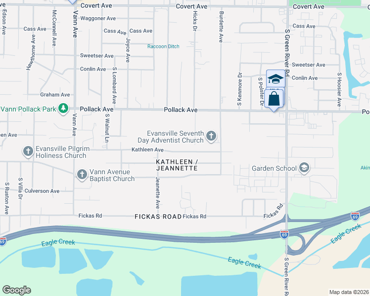 map of restaurants, bars, coffee shops, grocery stores, and more near 2319 Hicks Drive in Evansville