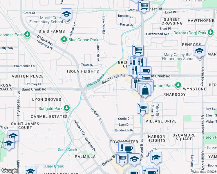map of restaurants, bars, coffee shops, grocery stores, and more near 1355 Eisenhower Way in Brentwood