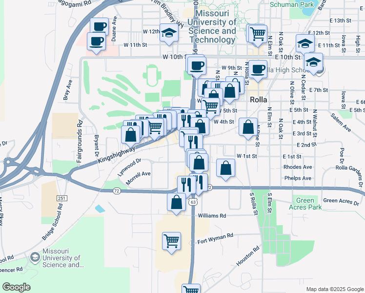 map of restaurants, bars, coffee shops, grocery stores, and more near 201 North Bishop Avenue in Rolla