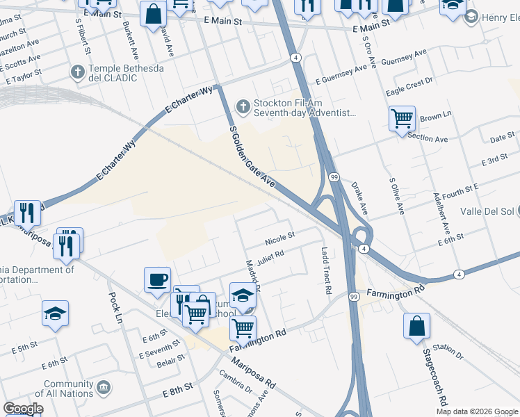 map of restaurants, bars, coffee shops, grocery stores, and more near 3139 Janessa Way in Stockton